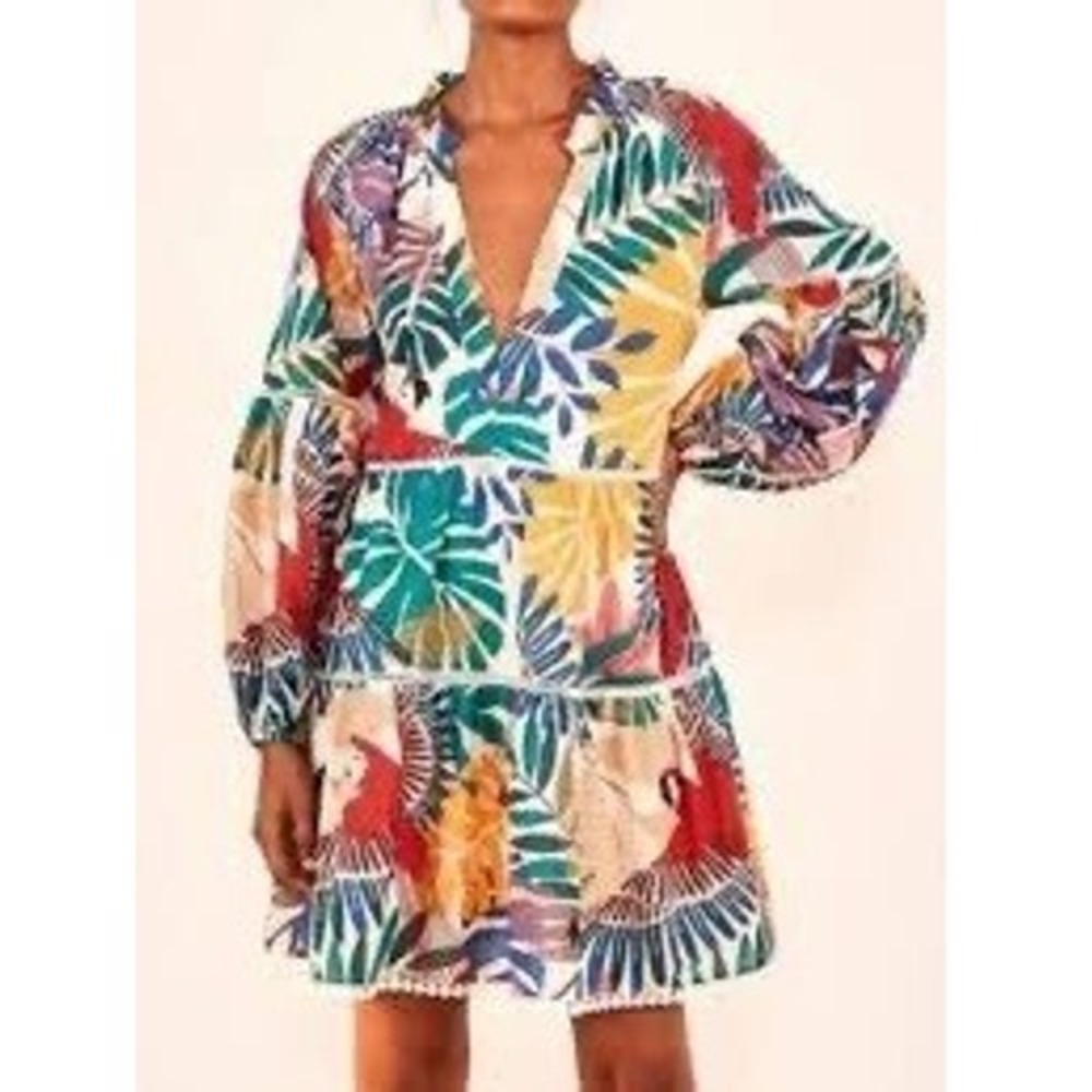 FARM Rio Macaw Mini Dress Women XS Ivory Green Floral Tropical Tiered Cotton